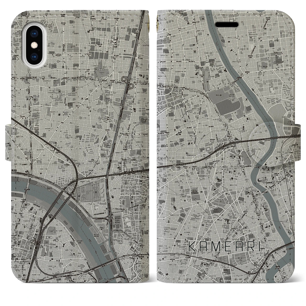 【亀有(東京都)】地図柄iPhoneケース(手帳タイプ)モノトーン・iPhone XS Max 用