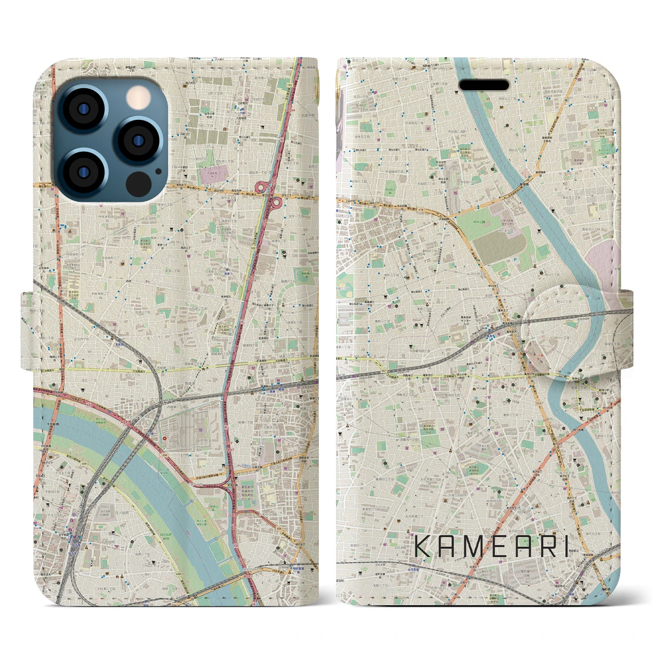 【亀有(東京都)】地図柄iPhoneケース(手帳タイプ)ナチュラル・iPhone 12 / 12 Pro 用
