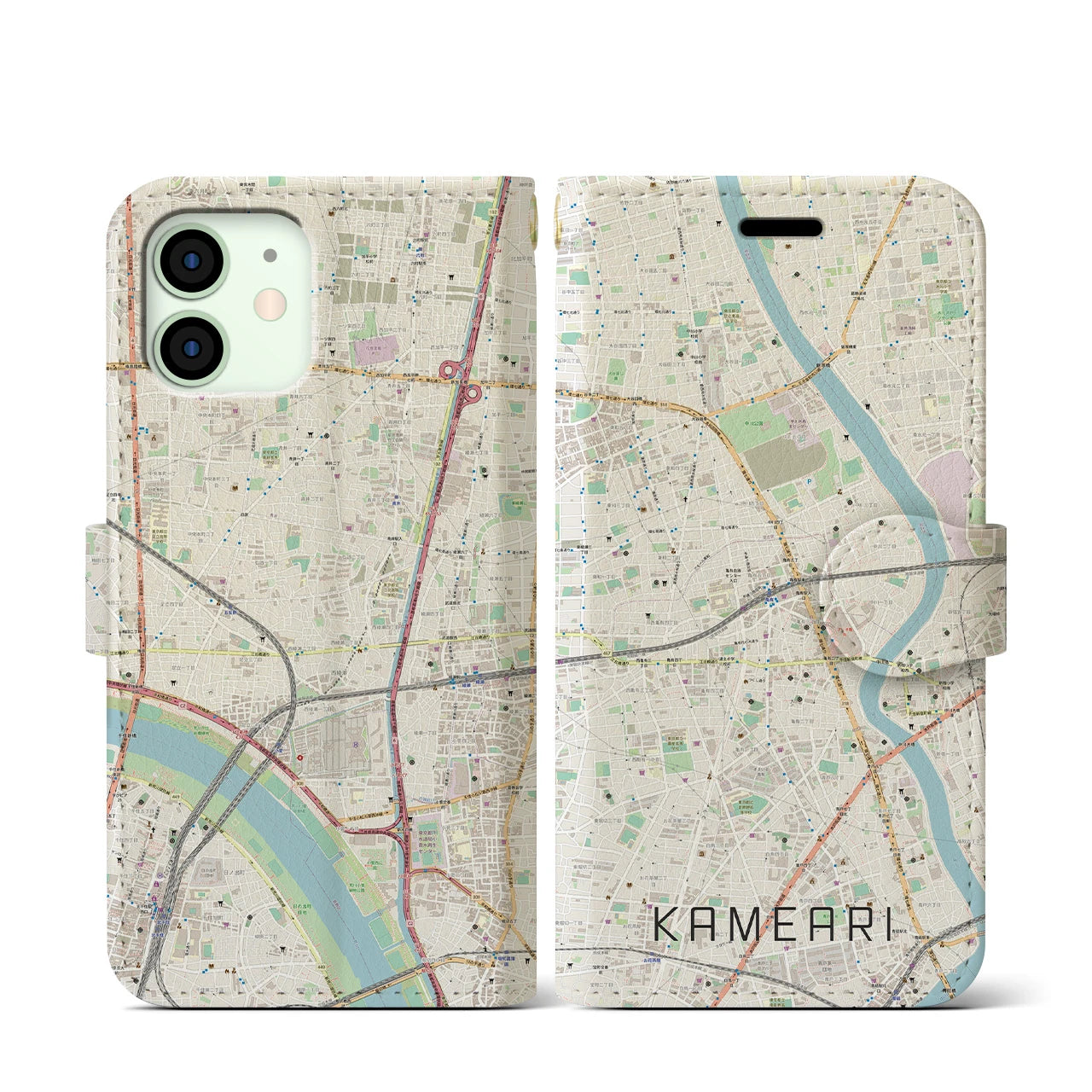 【亀有(東京都)】地図柄iPhoneケース(手帳タイプ)ナチュラル・iPhone 12 mini 用