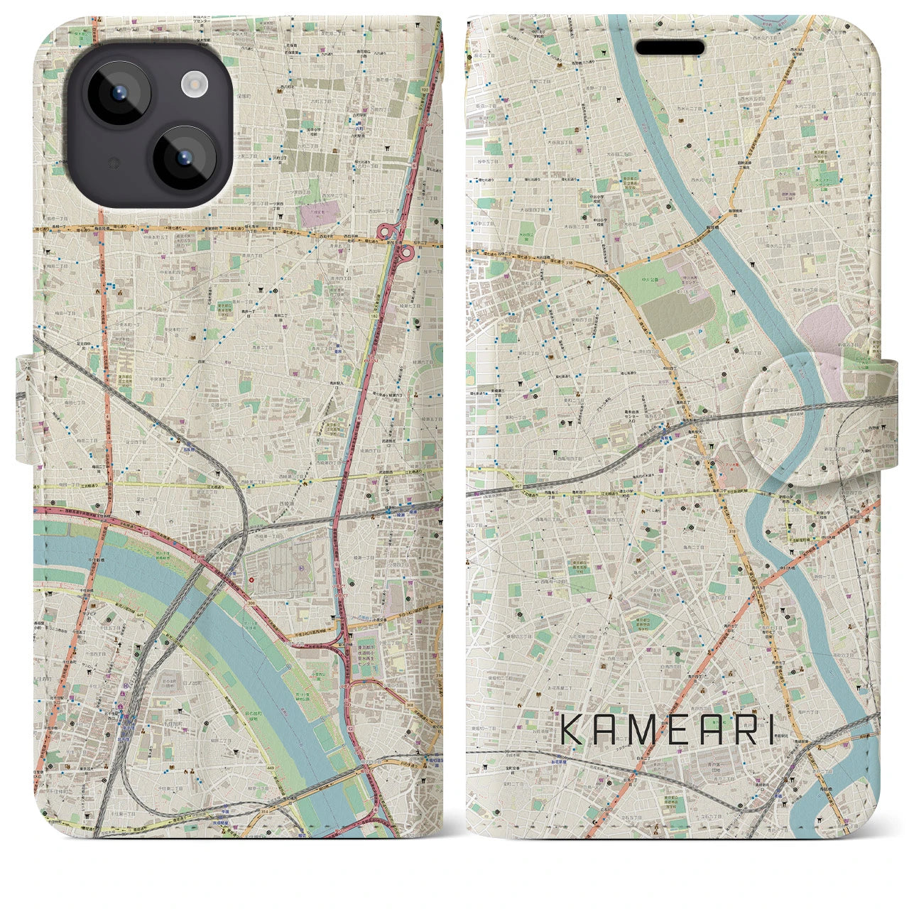 【亀有(東京都)】地図柄iPhoneケース(手帳タイプ)ナチュラル・iPhone 14 Plus 用