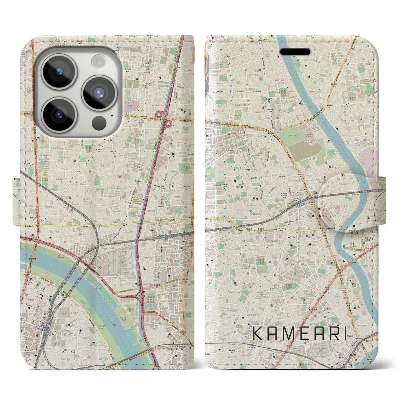 【亀有(東京都)】地図柄iPhoneケース(手帳タイプ)ナチュラル・iPhone 15 Pro 用
