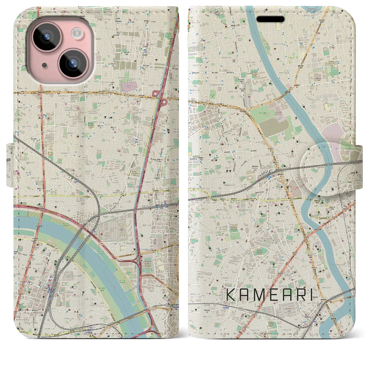 【亀有(東京都)】地図柄iPhoneケース(手帳タイプ)ナチュラル・iPhone 15 Plus 用