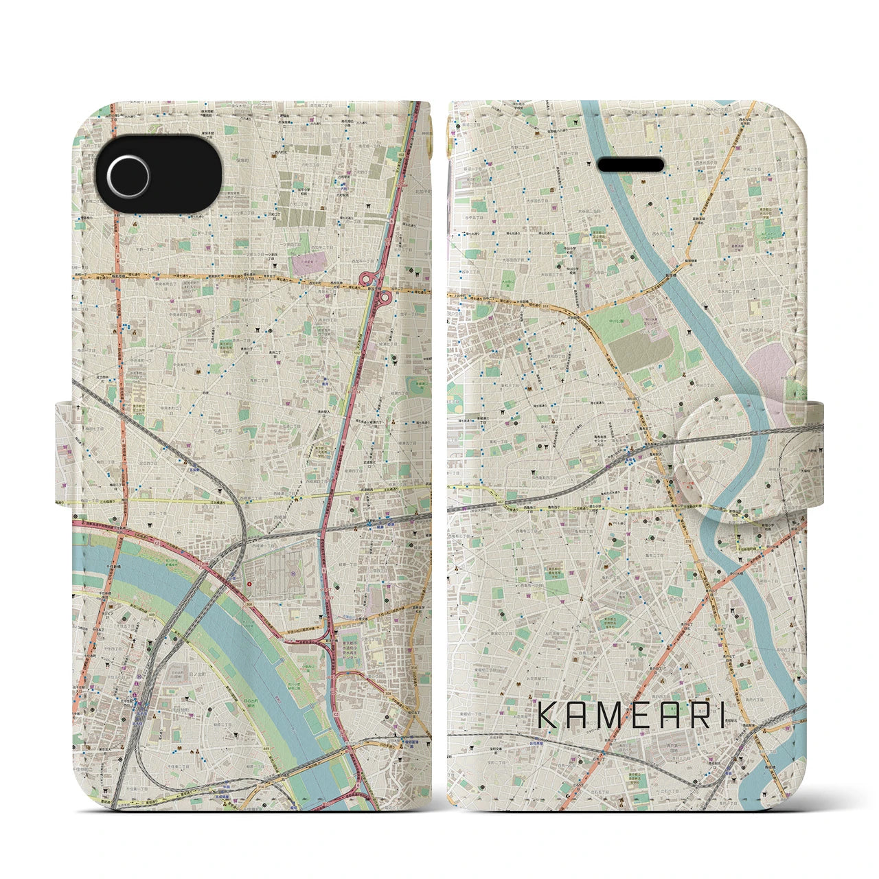 【亀有(東京都)】地図柄iPhoneケース(手帳タイプ)ナチュラル・iPhone SE(第3 / 第2世代) / 8 / 7 / 6s / 6 用