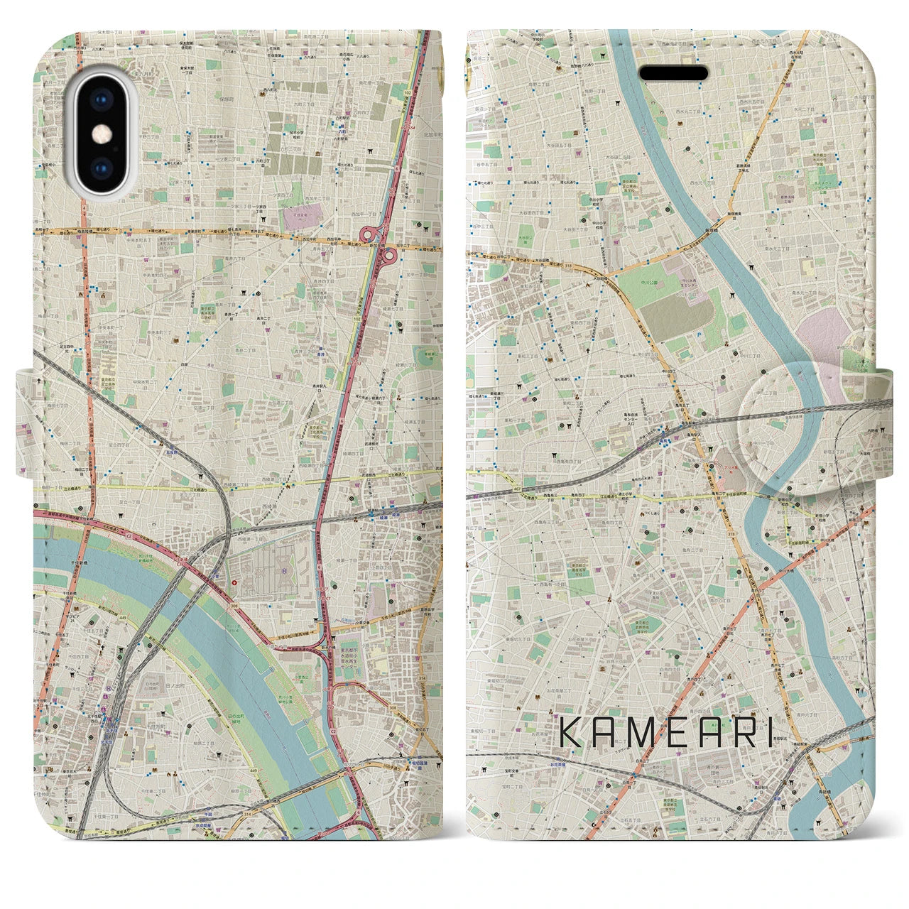 【亀有(東京都)】地図柄iPhoneケース(手帳タイプ)ナチュラル・iPhone XS Max 用
