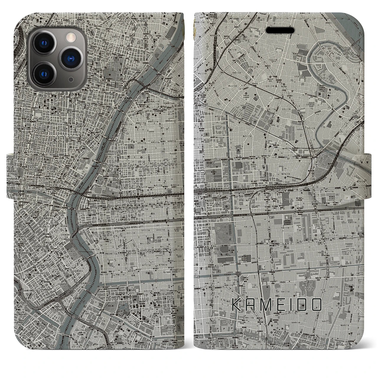 【亀戸(東京都)】地図柄iPhoneケース(手帳タイプ)モノトーン・iPhone 11 Pro Max 用