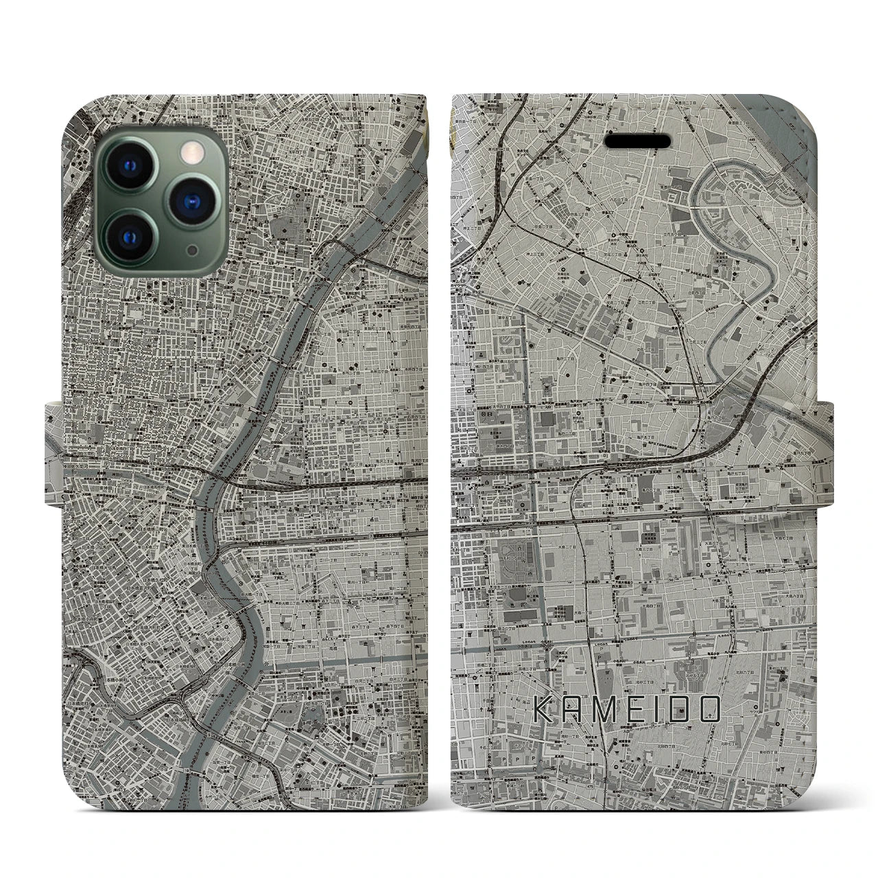 【亀戸(東京都)】地図柄iPhoneケース(手帳タイプ)モノトーン・iPhone 11 Pro 用