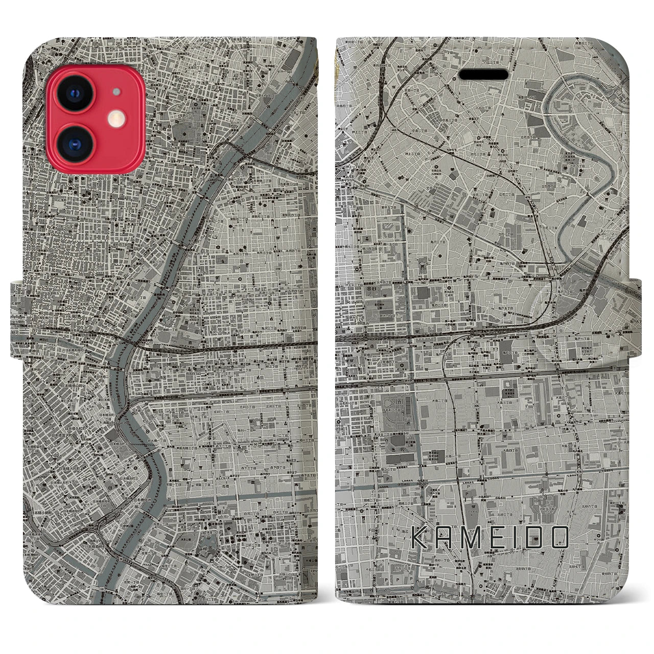 【亀戸(東京都)】地図柄iPhoneケース(手帳タイプ)モノトーン・iPhone 11 用