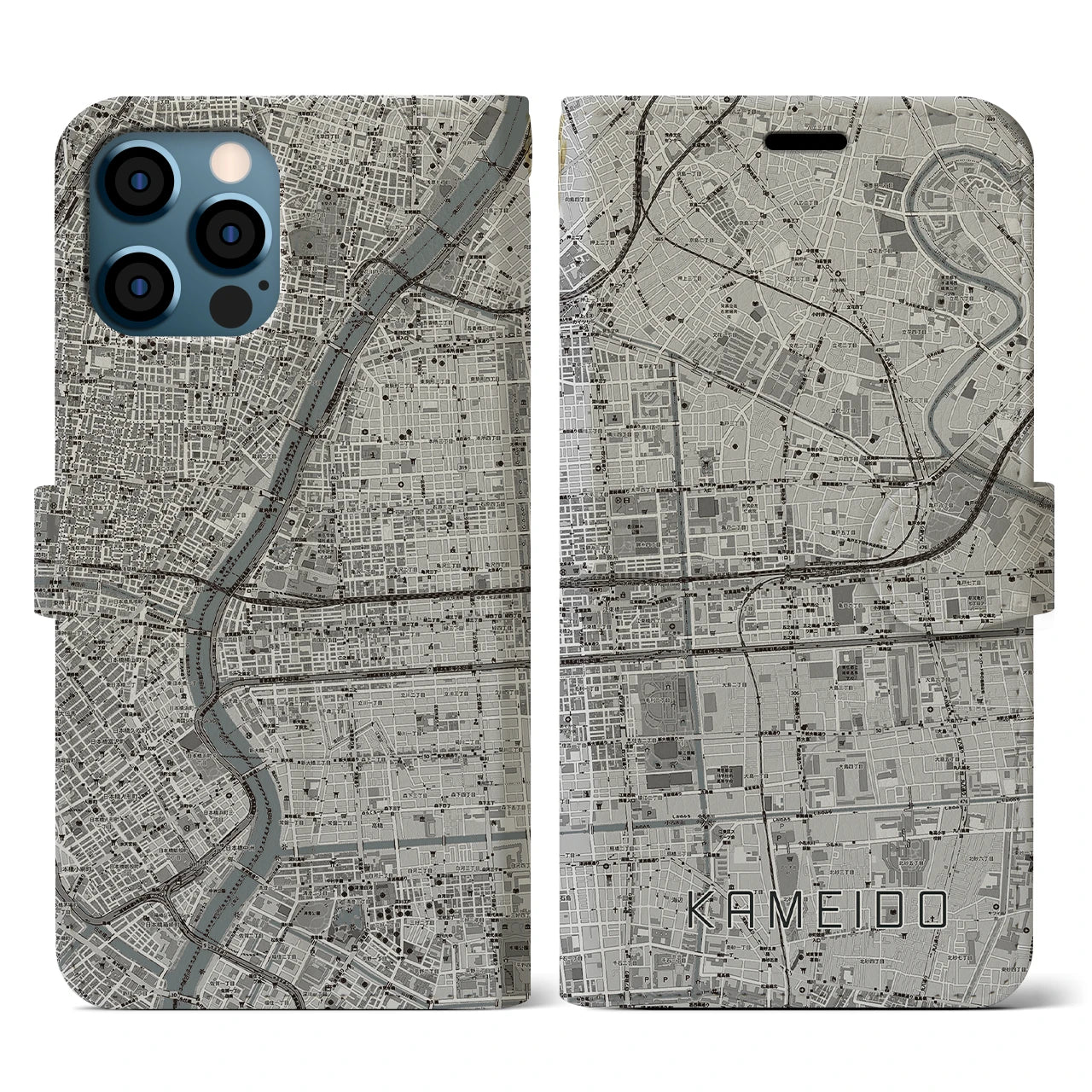 【亀戸(東京都)】地図柄iPhoneケース(手帳タイプ)モノトーン・iPhone 12 / 12 Pro 用