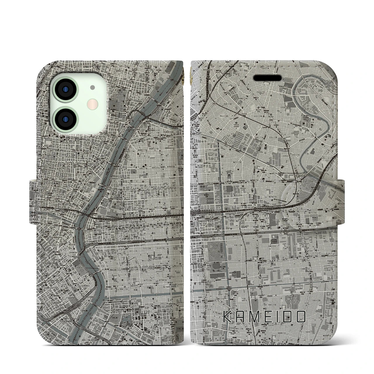 【亀戸(東京都)】地図柄iPhoneケース(手帳タイプ)モノトーン・iPhone 12 mini 用