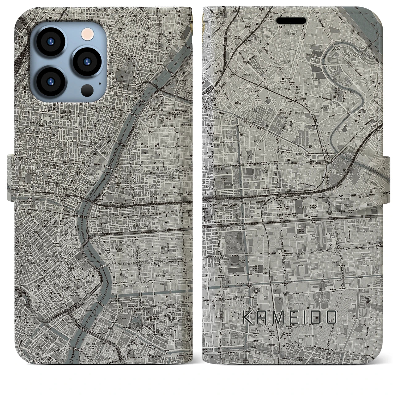 【亀戸(東京都)】地図柄iPhoneケース(手帳タイプ)モノトーン・iPhone 13 Pro Max 用