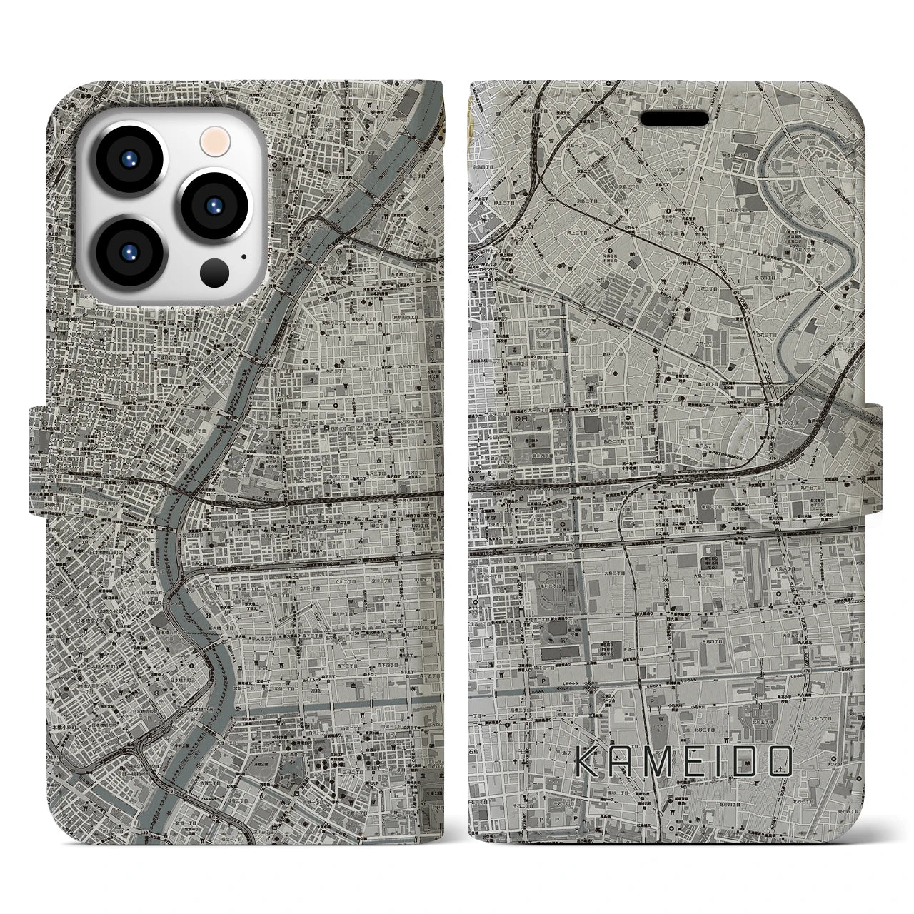 【亀戸(東京都)】地図柄iPhoneケース(手帳タイプ)モノトーン・iPhone 13 Pro 用