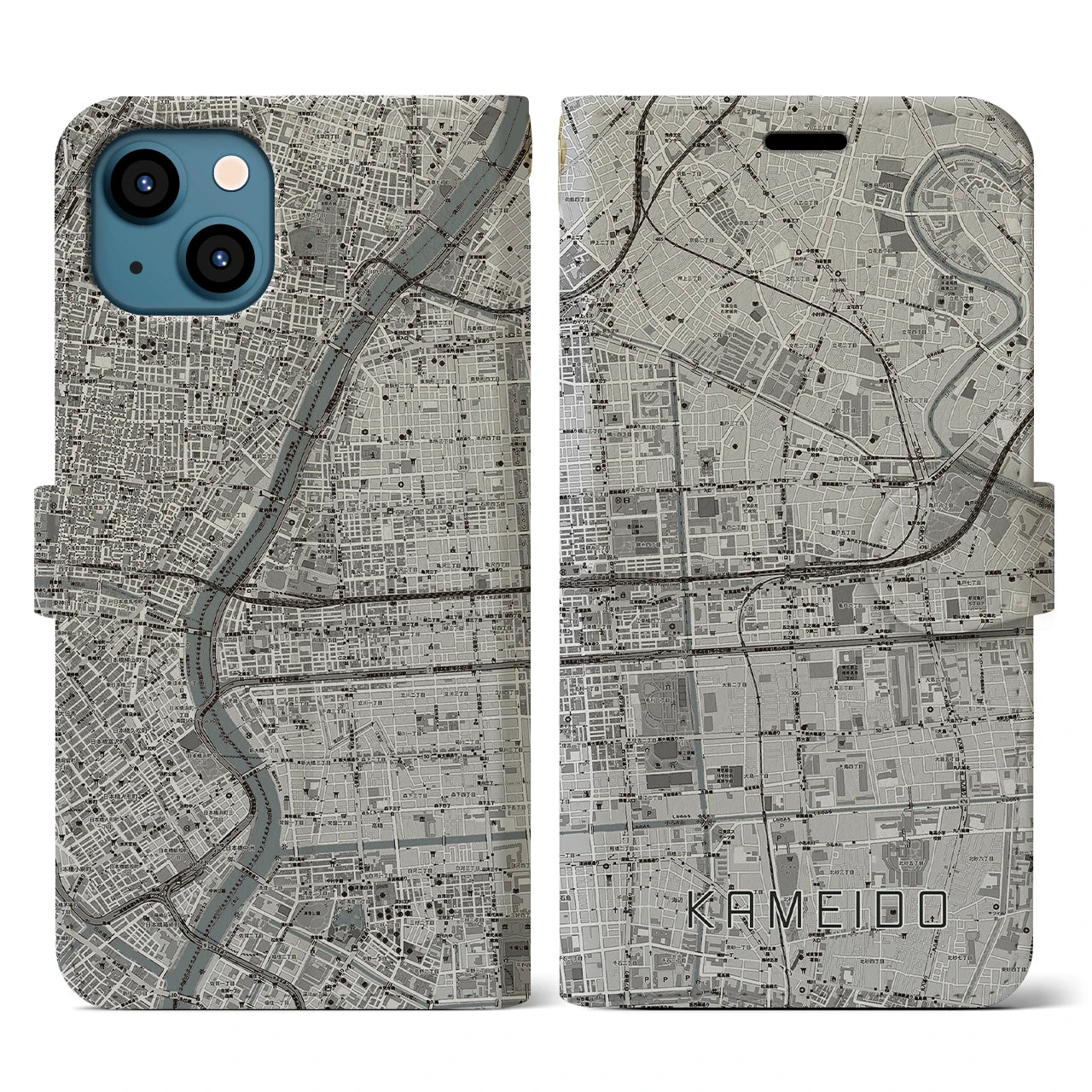 【亀戸(東京都)】地図柄iPhoneケース(手帳タイプ)モノトーン・iPhone 13 用