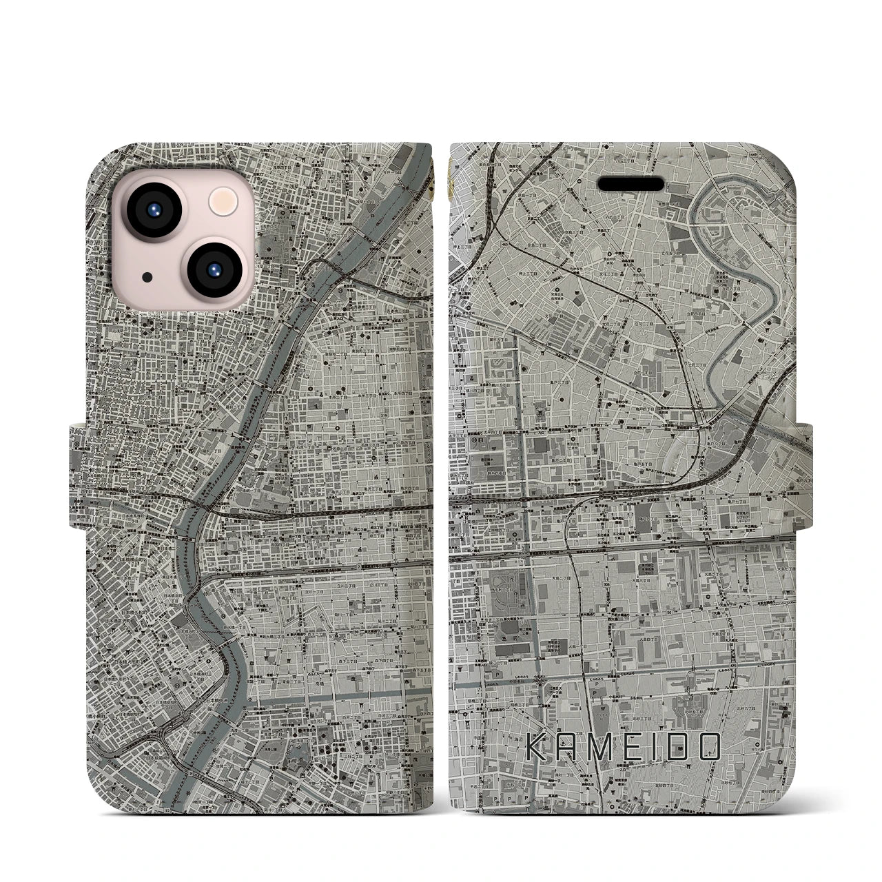 【亀戸(東京都)】地図柄iPhoneケース(手帳タイプ)モノトーン・iPhone 13 mini 用