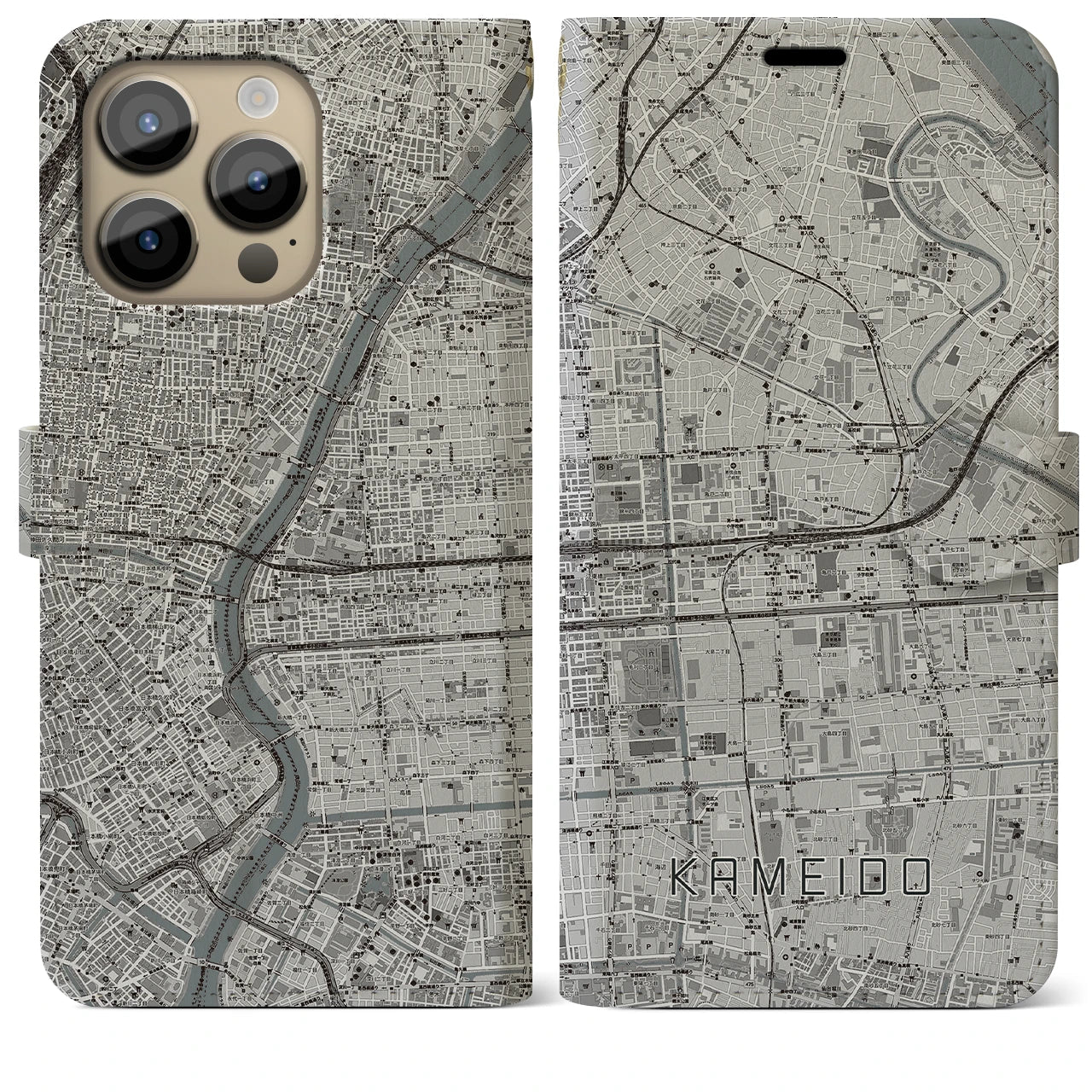 【亀戸(東京都)】地図柄iPhoneケース(手帳タイプ)モノトーン・iPhone 14 Pro Max 用