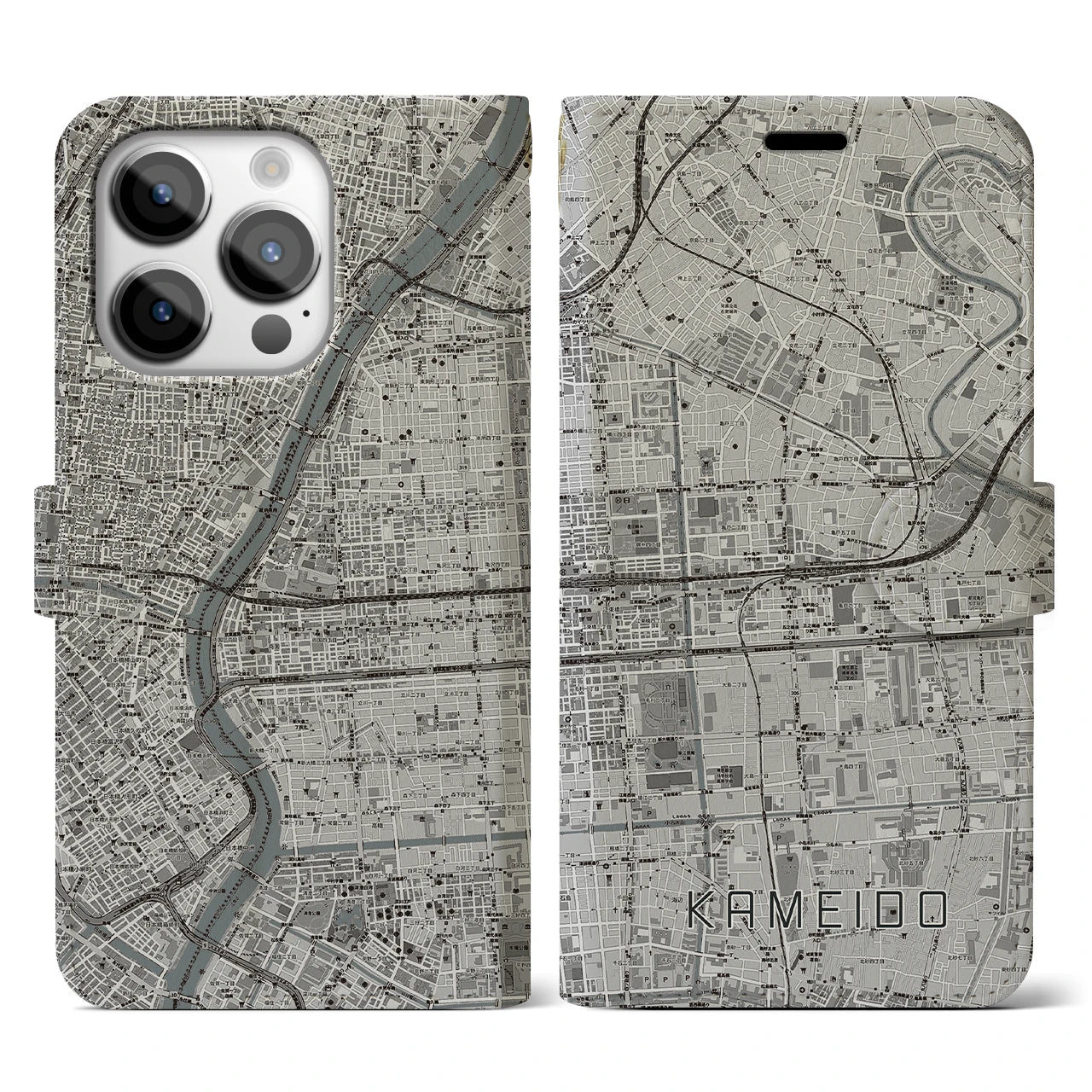 【亀戸(東京都)】地図柄iPhoneケース(手帳タイプ)モノトーン・iPhone 14 Pro 用