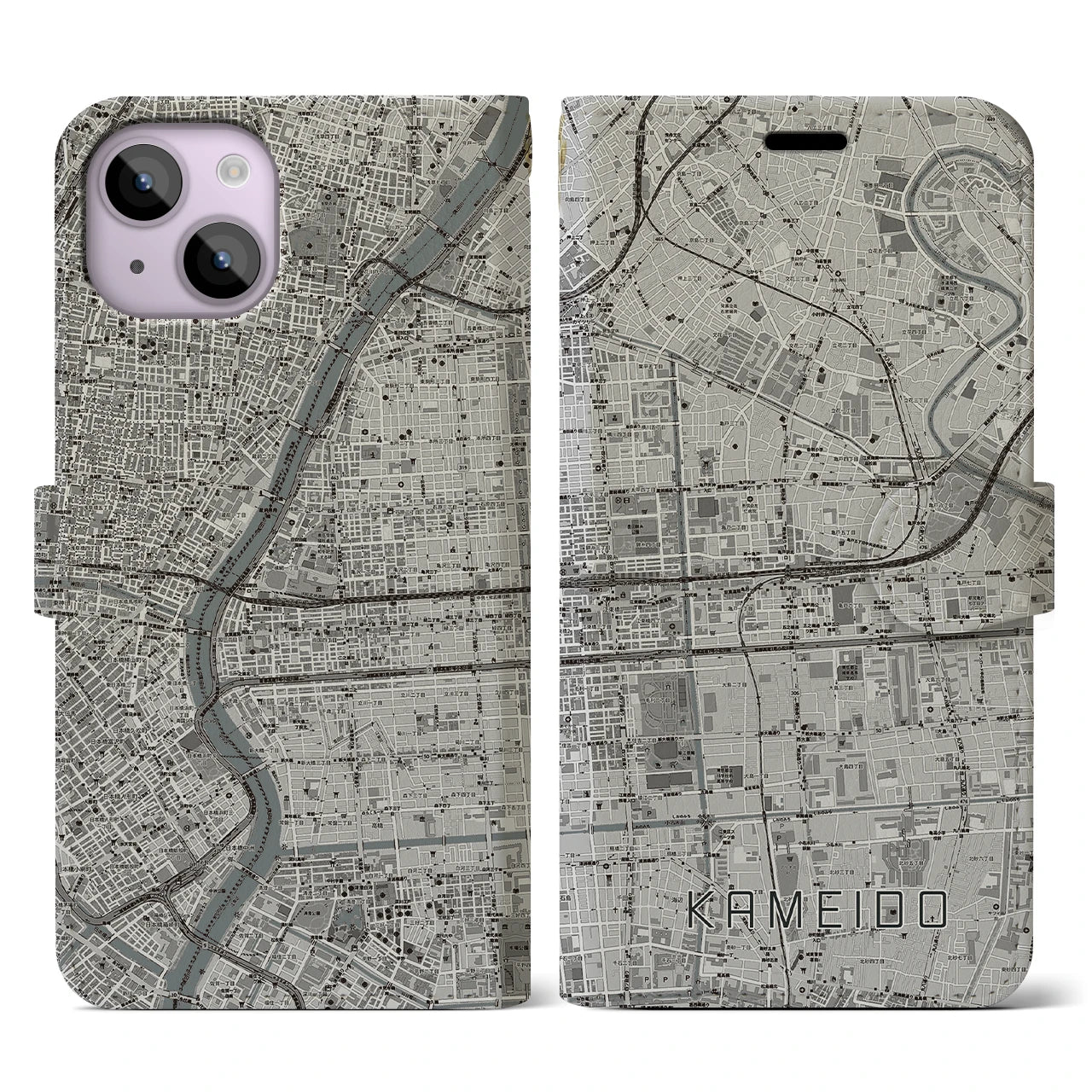 【亀戸(東京都)】地図柄iPhoneケース(手帳タイプ)モノトーン・iPhone 14 用