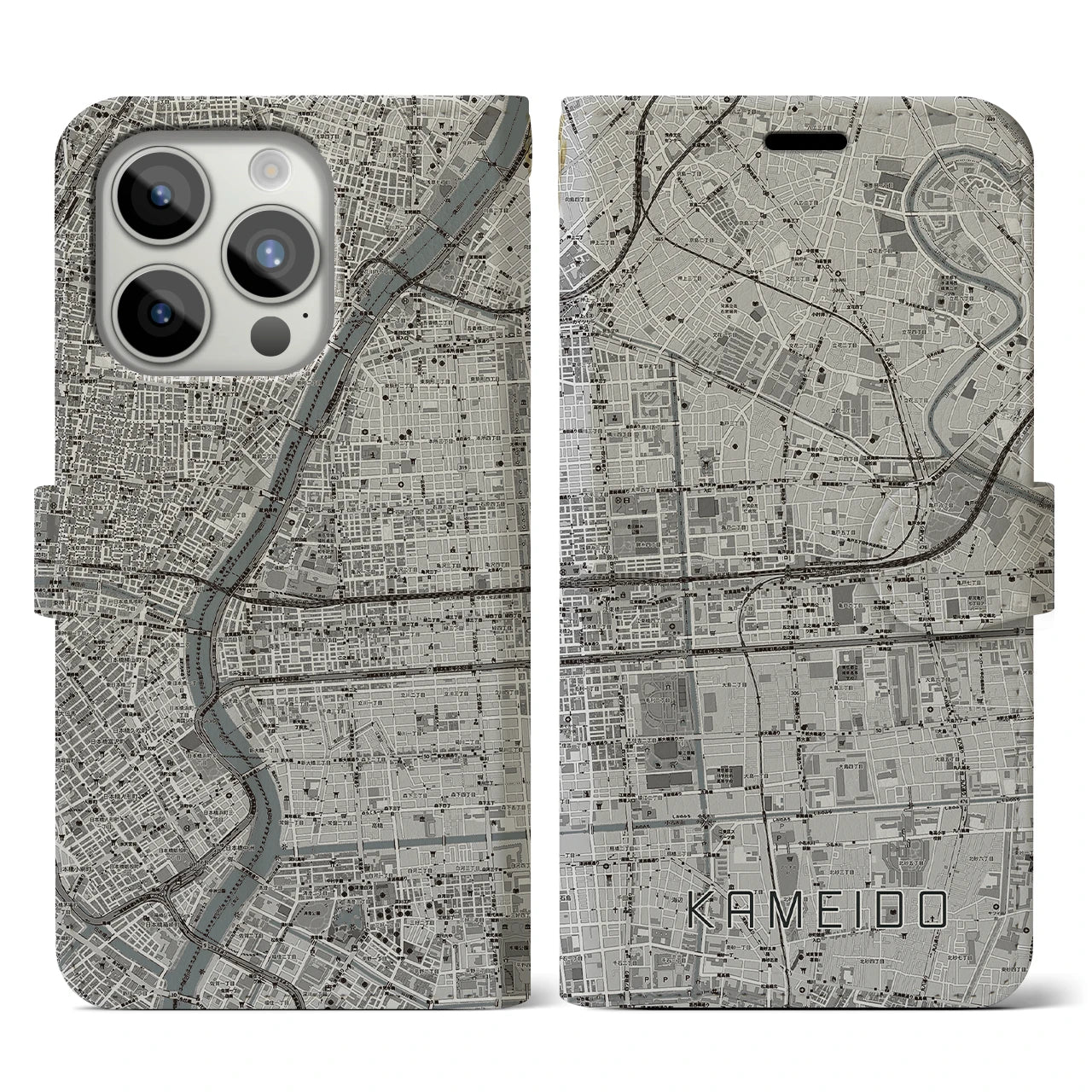 【亀戸(東京都)】地図柄iPhoneケース(手帳タイプ)モノトーン・iPhone 15 Pro 用