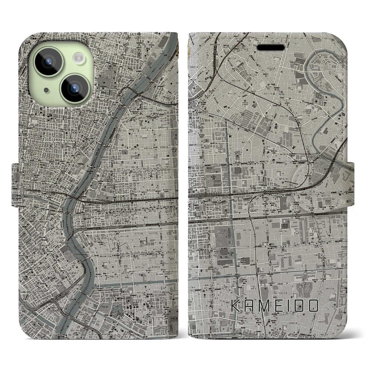 【亀戸(東京都)】地図柄iPhoneケース(手帳タイプ)モノトーン・iPhone 15 用