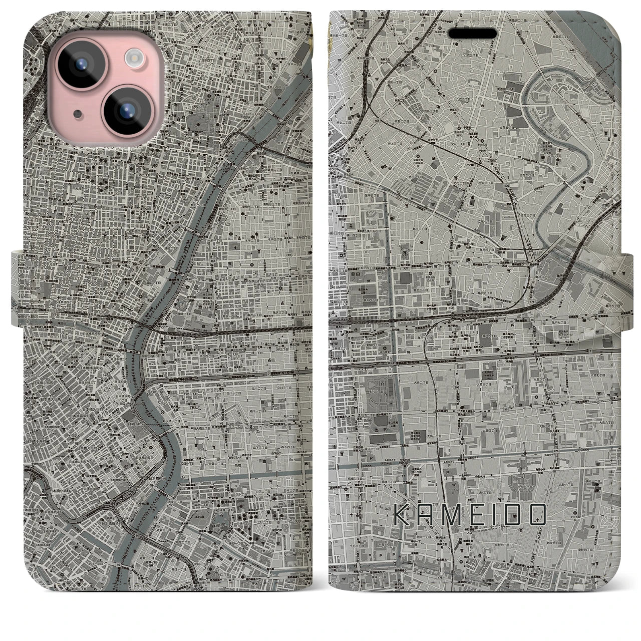 【亀戸(東京都)】地図柄iPhoneケース(手帳タイプ)モノトーン・iPhone 15 Plus 用