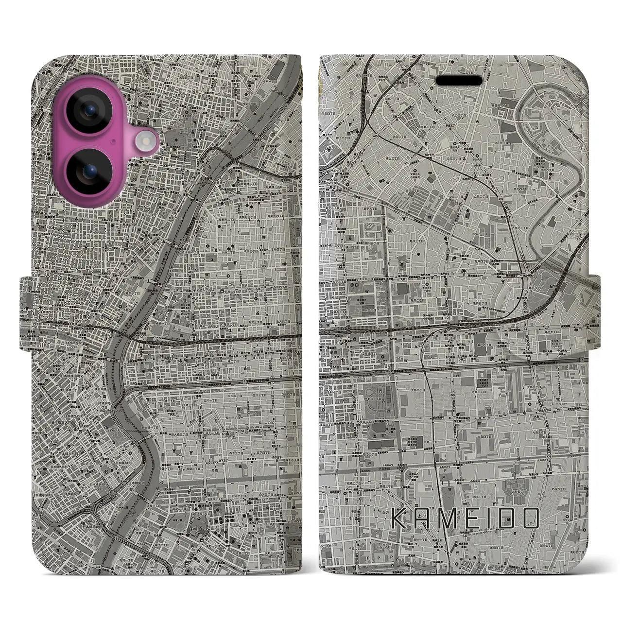 【亀戸(東京都)】地図柄iPhoneケース(手帳タイプ)モノトーン・iPhone 16 Pro 用