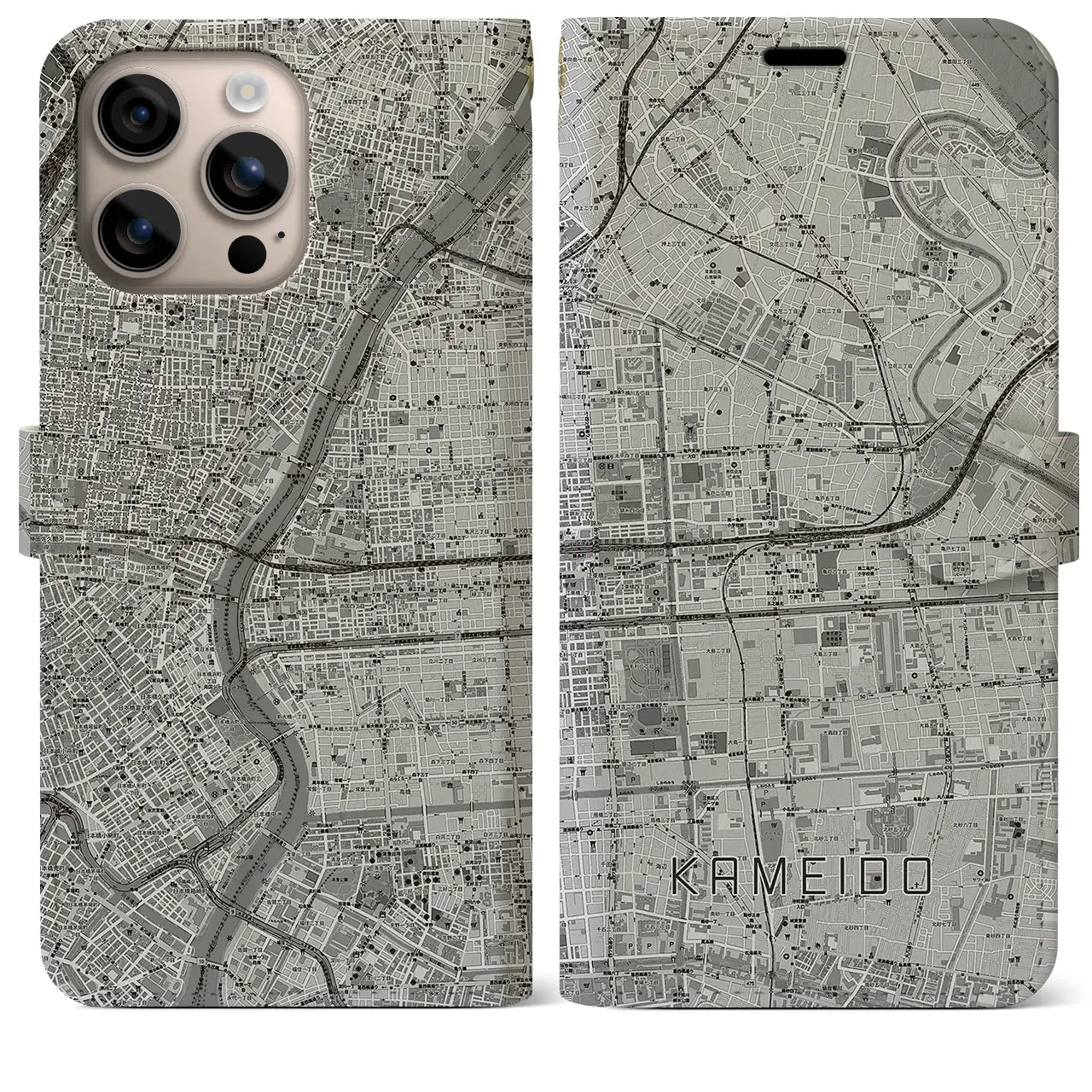 【亀戸(東京都)】地図柄iPhoneケース(手帳タイプ)モノトーン・iPhone 16 Plus 用