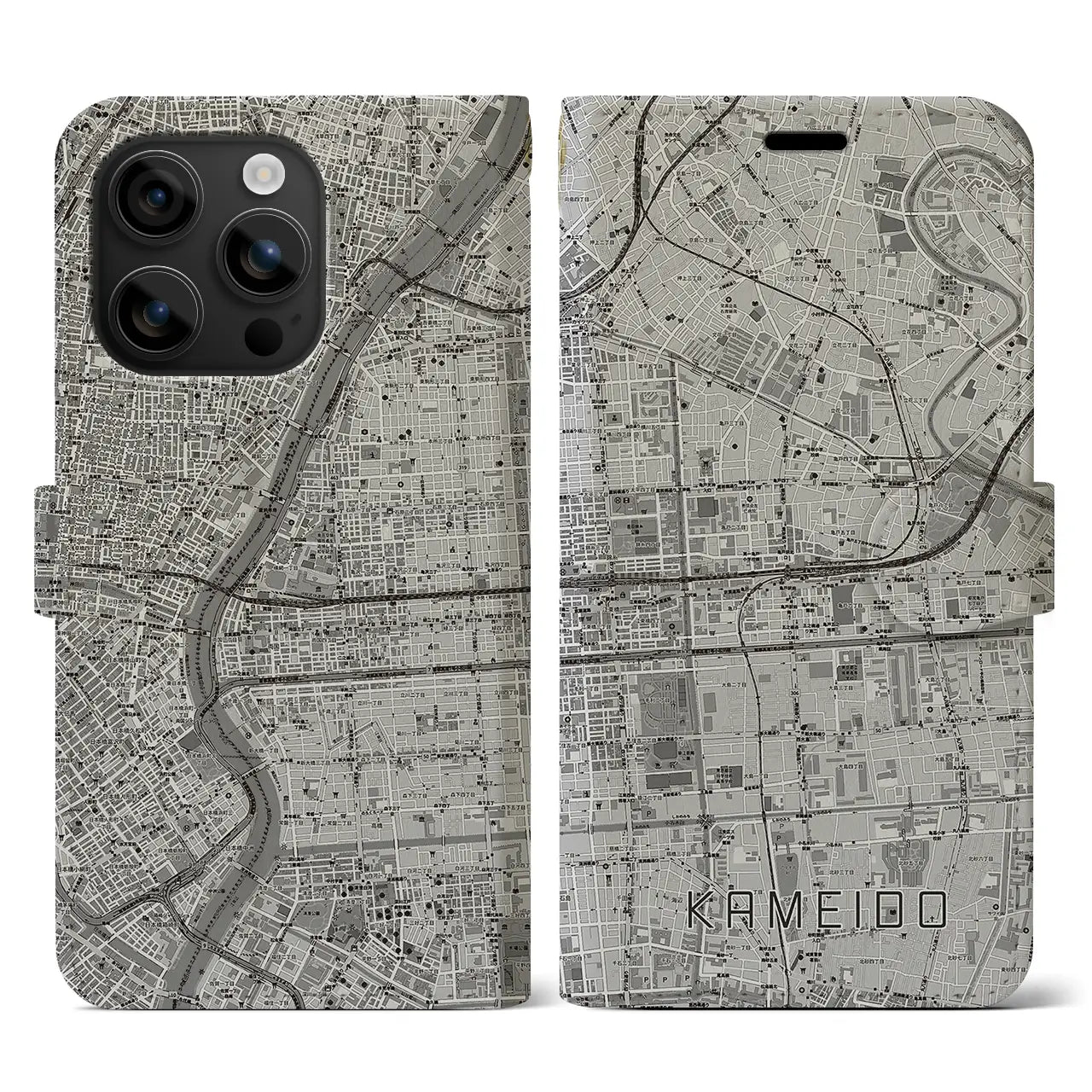 【亀戸(東京都)】地図柄iPhoneケース(手帳タイプ)モノトーン・iPhone 16 用