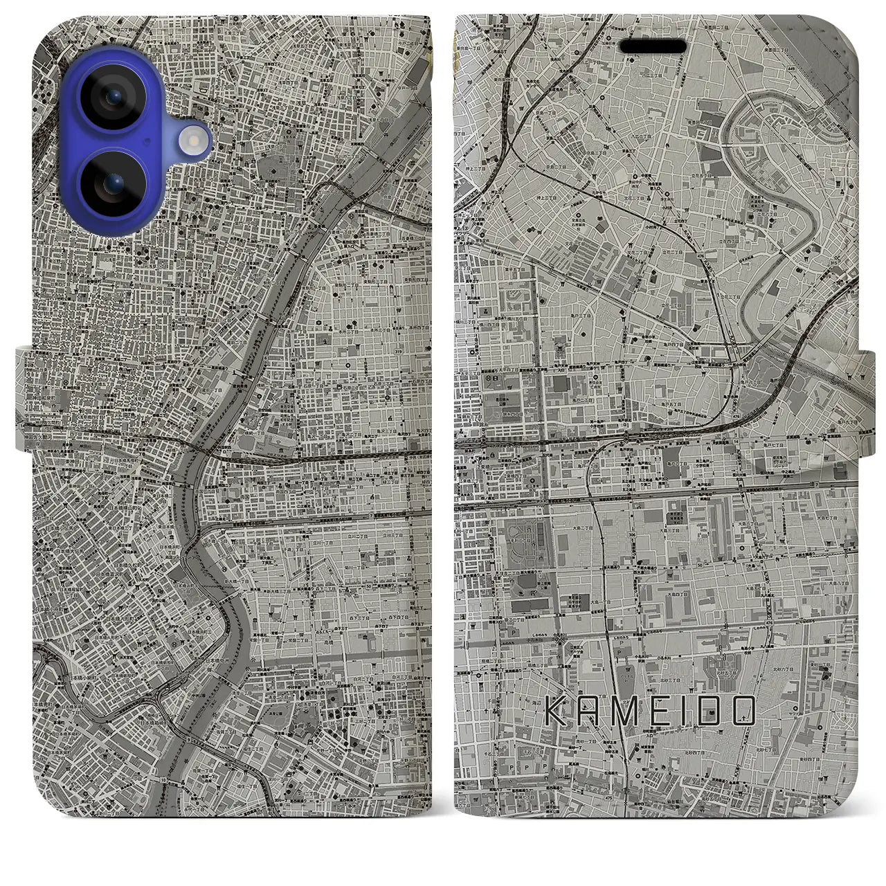 【亀戸(東京都)】地図柄iPhoneケース(手帳タイプ)モノトーン・iPhone 16 Pro Max 用