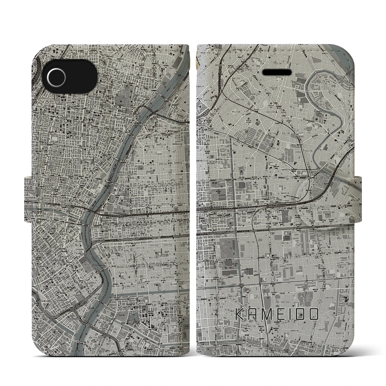 【亀戸(東京都)】地図柄iPhoneケース(手帳タイプ)モノトーン・iPhone SE(第3 / 第2世代) / 8 / 7 / 6s / 6 用