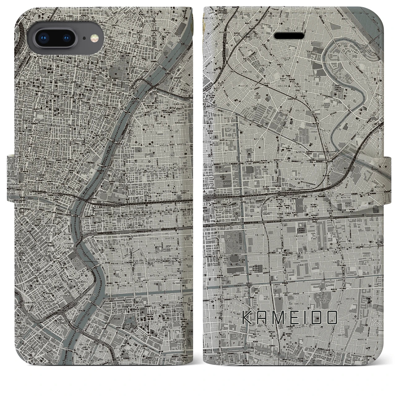 【亀戸(東京都)】地図柄iPhoneケース(手帳タイプ)モノトーン・iPhone 8Plus /7Plus / 6sPlus / 6Plus 用