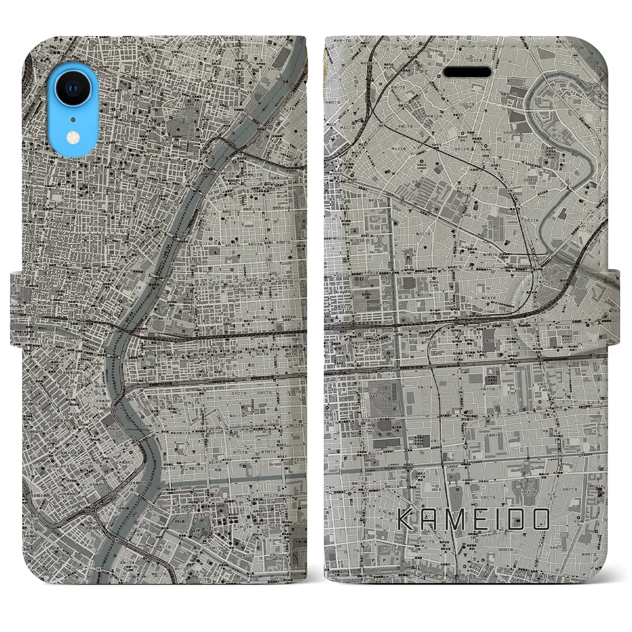 【亀戸(東京都)】地図柄iPhoneケース(手帳タイプ)モノトーン・iPhone XR 用