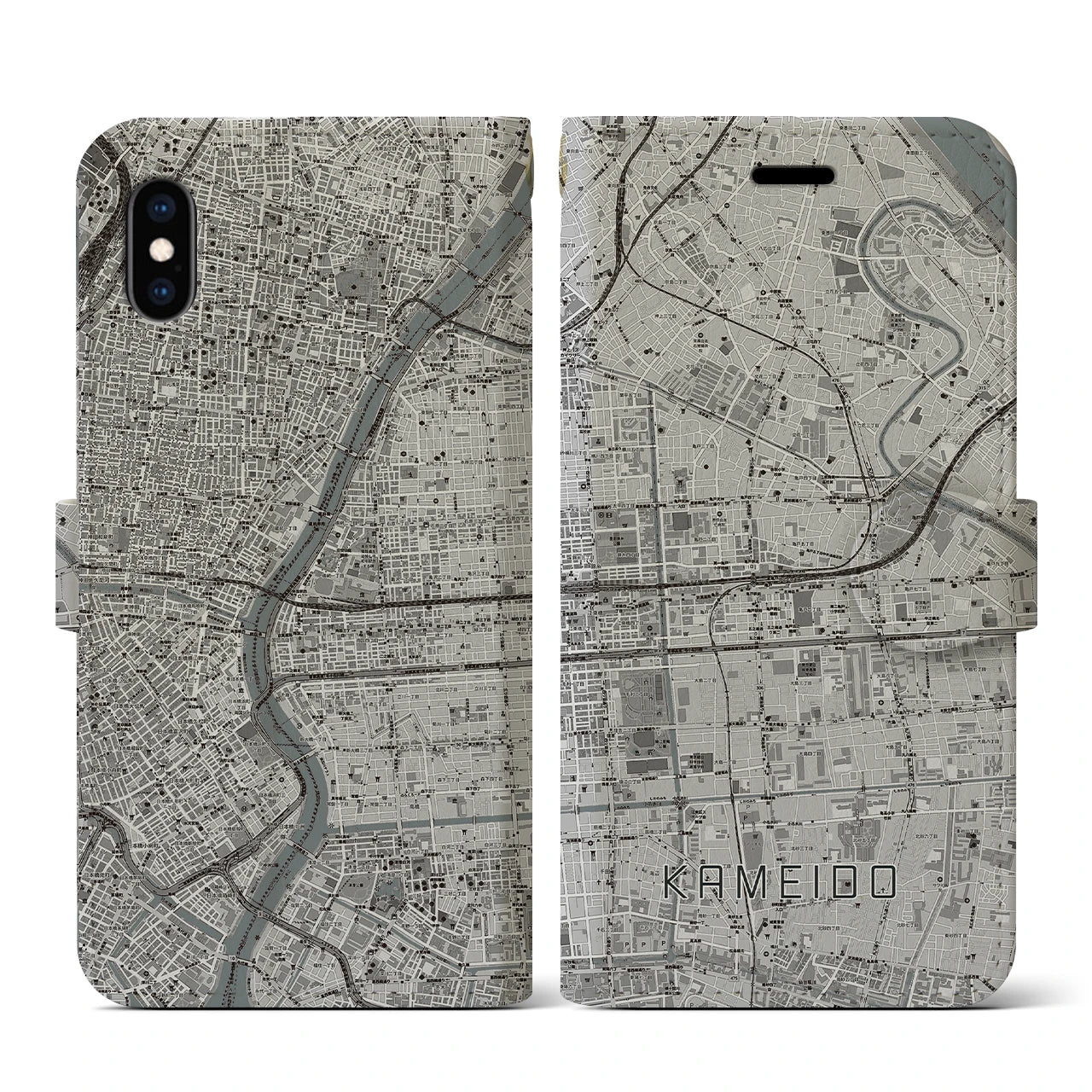 【亀戸(東京都)】地図柄iPhoneケース(手帳タイプ)モノトーン・iPhone XS / X 用