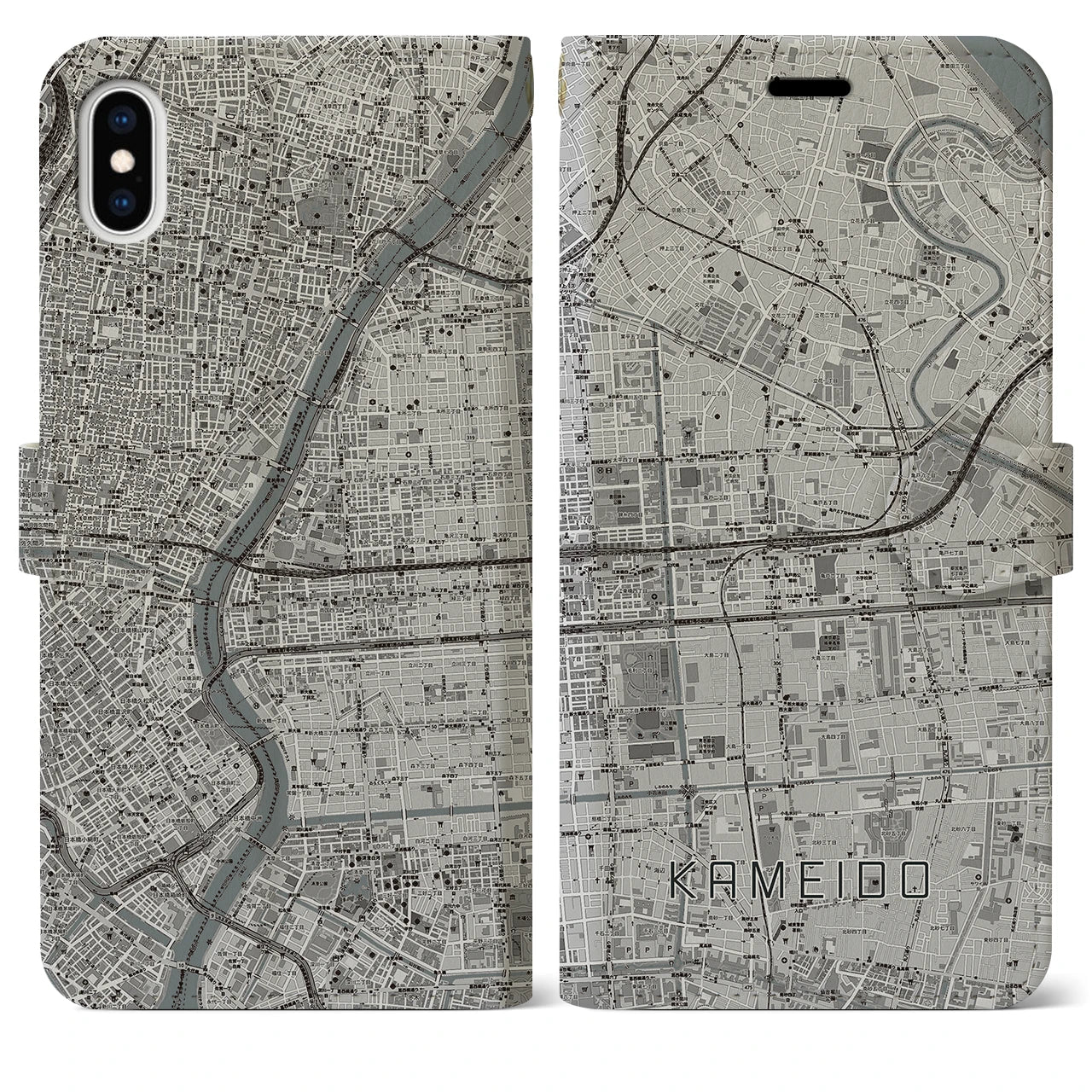 【亀戸(東京都)】地図柄iPhoneケース(手帳タイプ)モノトーン・iPhone XS Max 用