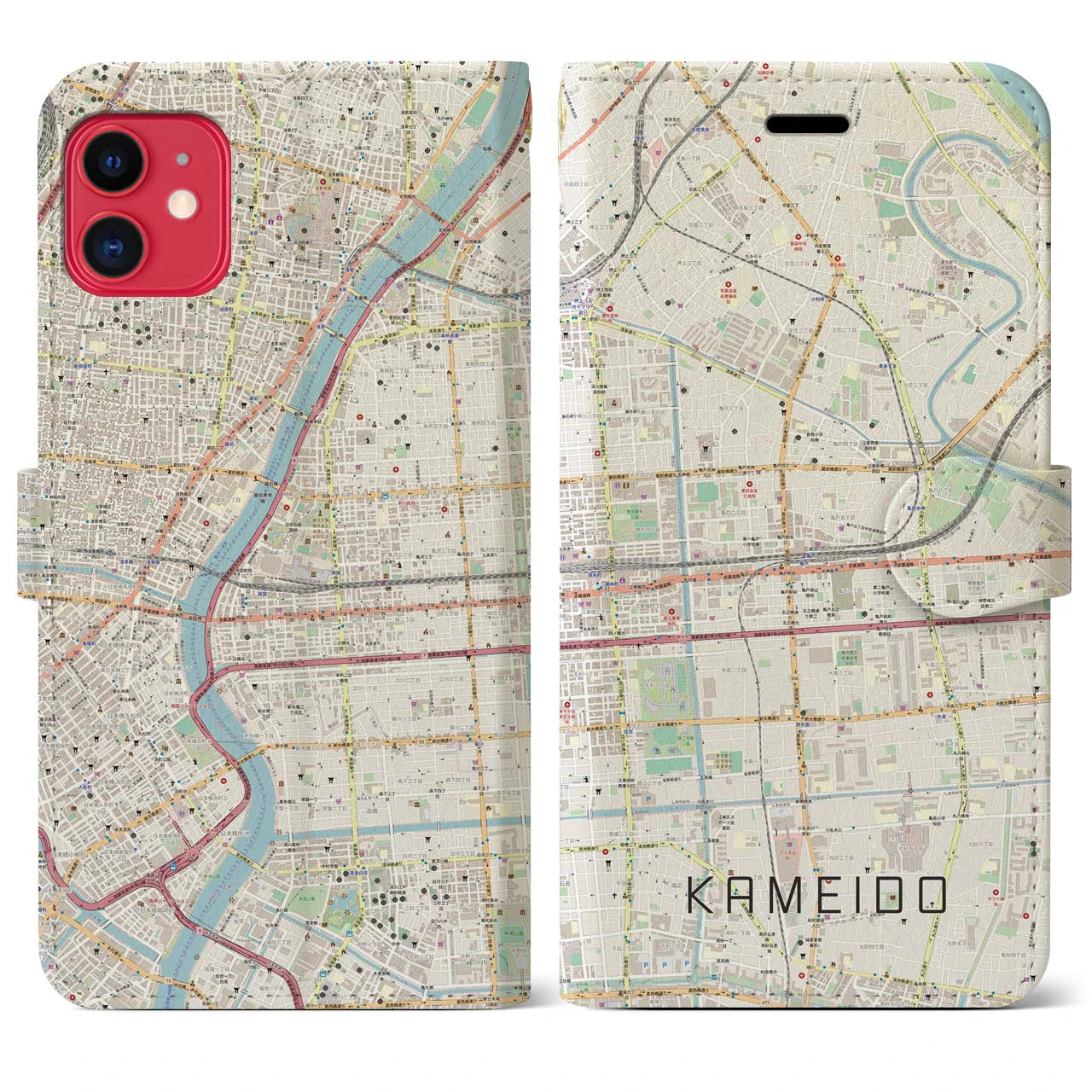 【亀戸(東京都)】地図柄iPhoneケース(手帳タイプ)ナチュラル・iPhone 11 用