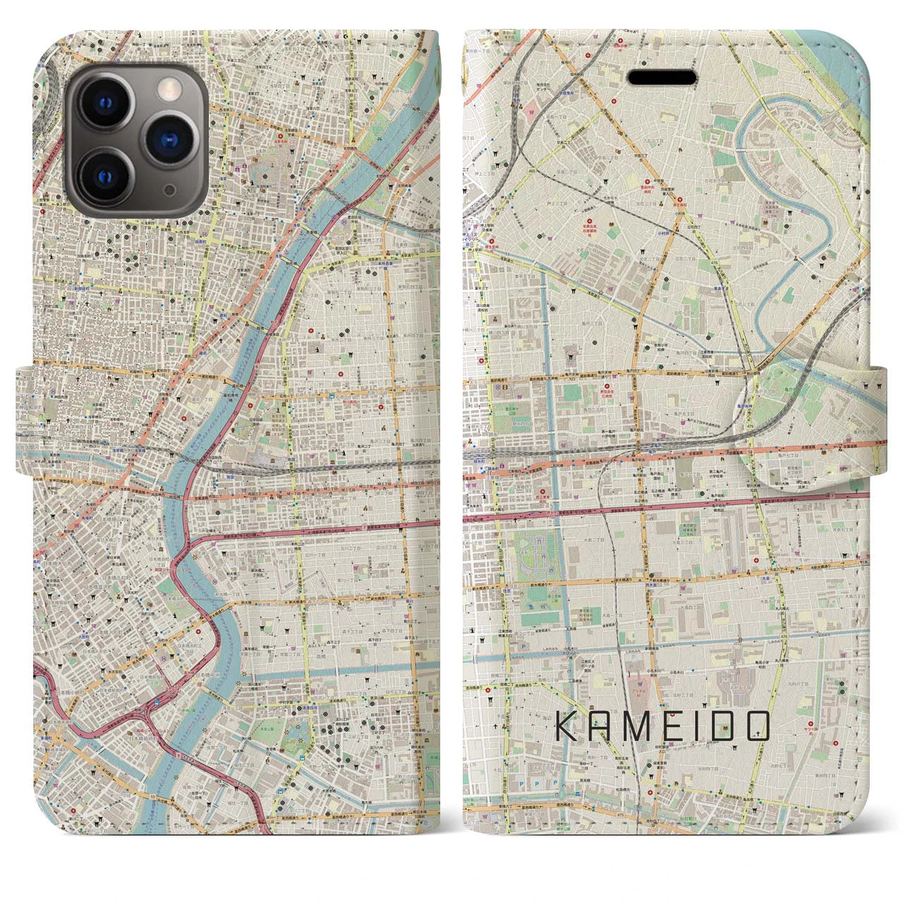 【亀戸(東京都)】地図柄iPhoneケース(手帳タイプ)ナチュラル・iPhone 11 Pro Max 用