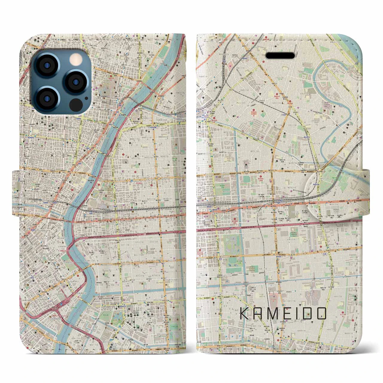 【亀戸(東京都)】地図柄iPhoneケース(手帳タイプ)ナチュラル・iPhone 12 / 12 Pro 用