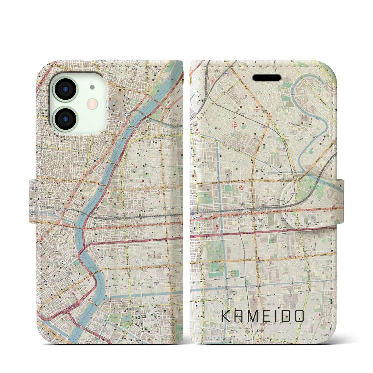 【亀戸(東京都)】地図柄iPhoneケース(手帳タイプ)ナチュラル・iPhone 12 mini 用