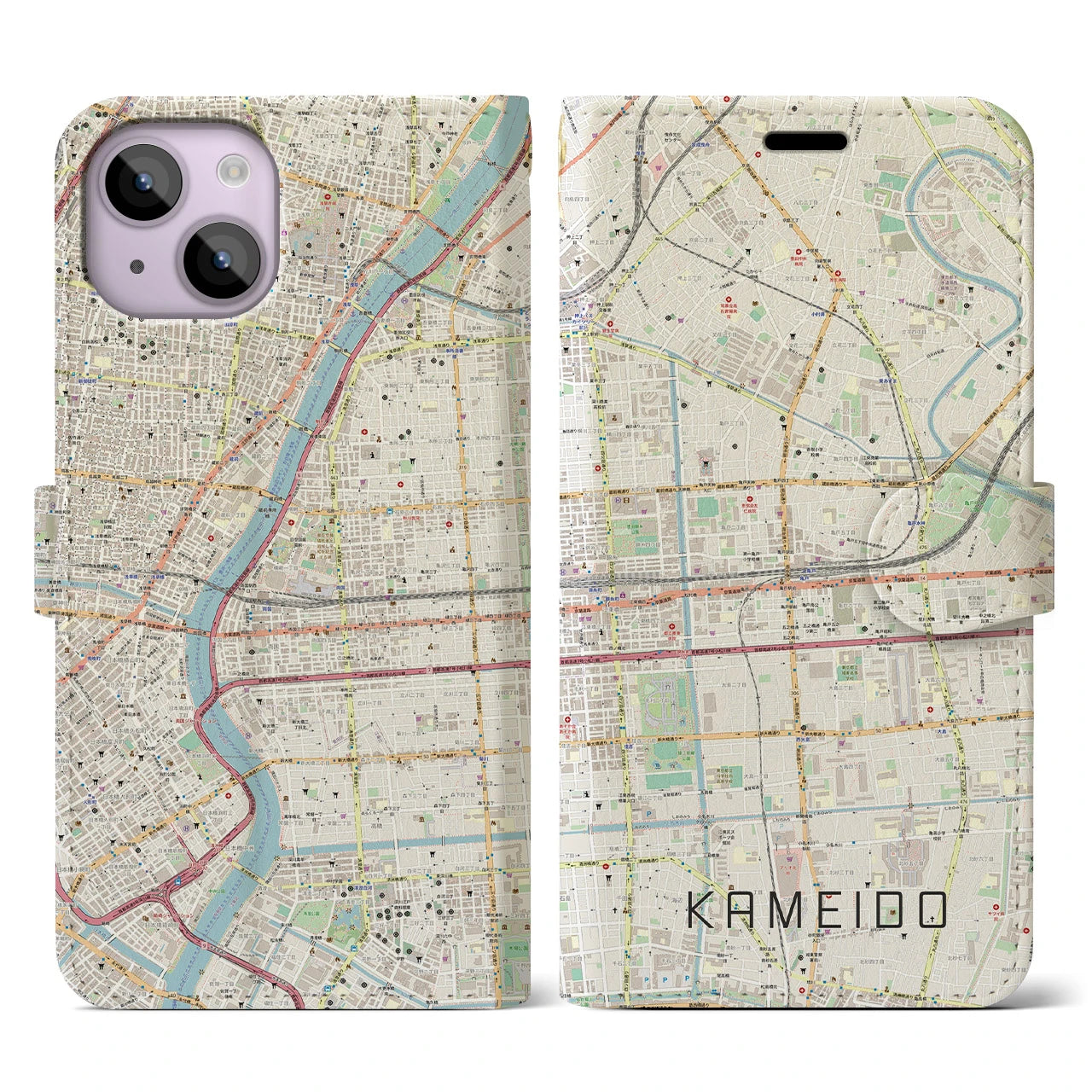 【亀戸(東京都)】地図柄iPhoneケース(手帳タイプ)ナチュラル・iPhone 14 用