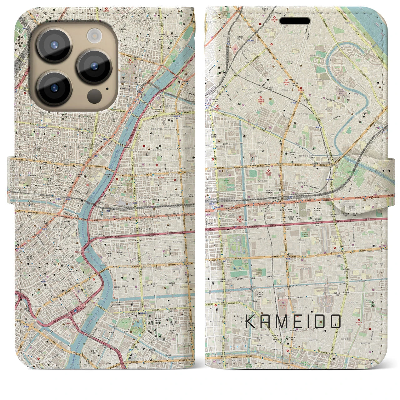 【亀戸(東京都)】地図柄iPhoneケース(手帳タイプ)ナチュラル・iPhone 14 Pro Max 用