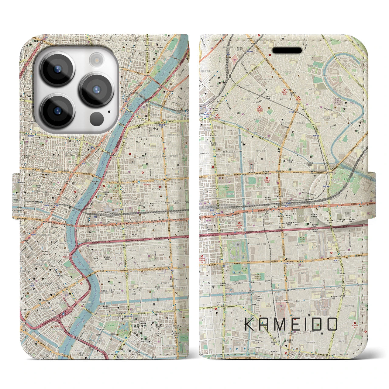 【亀戸(東京都)】地図柄iPhoneケース(手帳タイプ)ナチュラル・iPhone 14 Pro 用