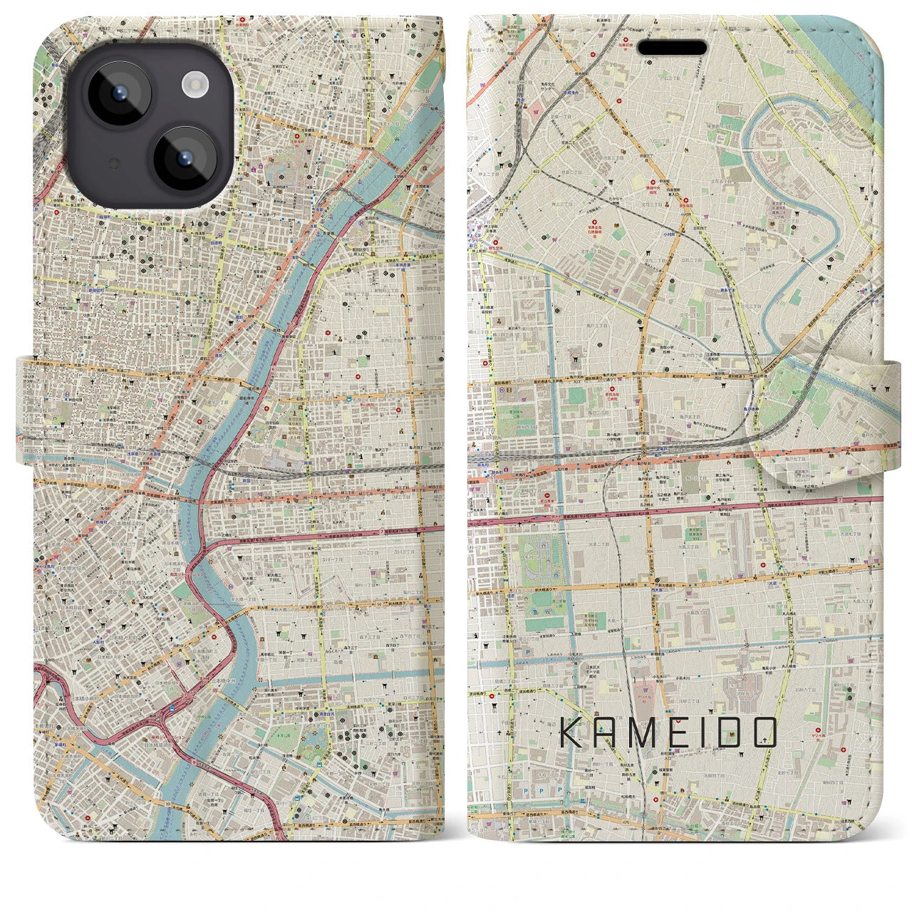 【亀戸(東京都)】地図柄iPhoneケース(手帳タイプ)ナチュラル・iPhone 14 Plus 用