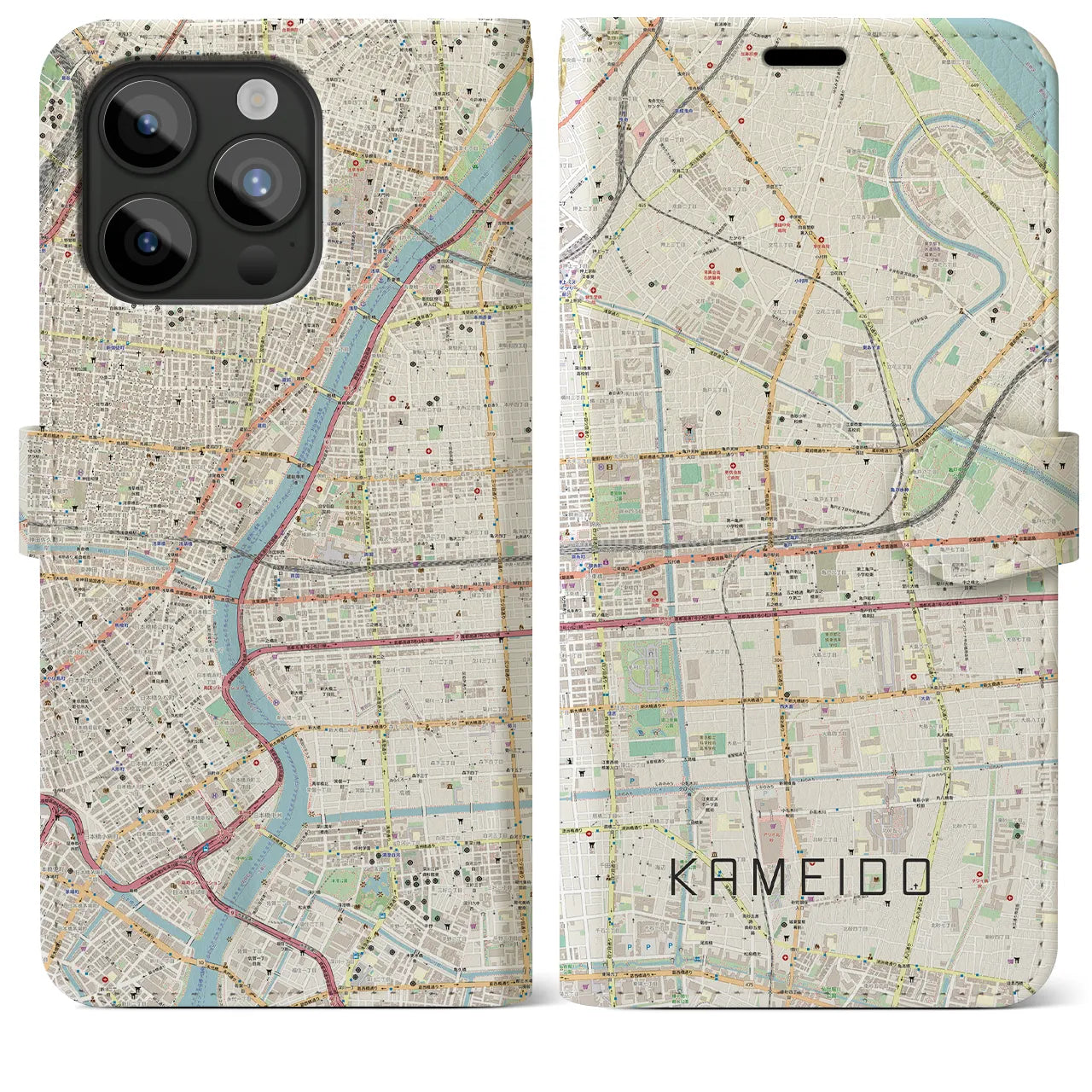 【亀戸(東京都)】地図柄iPhoneケース(手帳タイプ)ナチュラル・iPhone 15 Pro Max 用