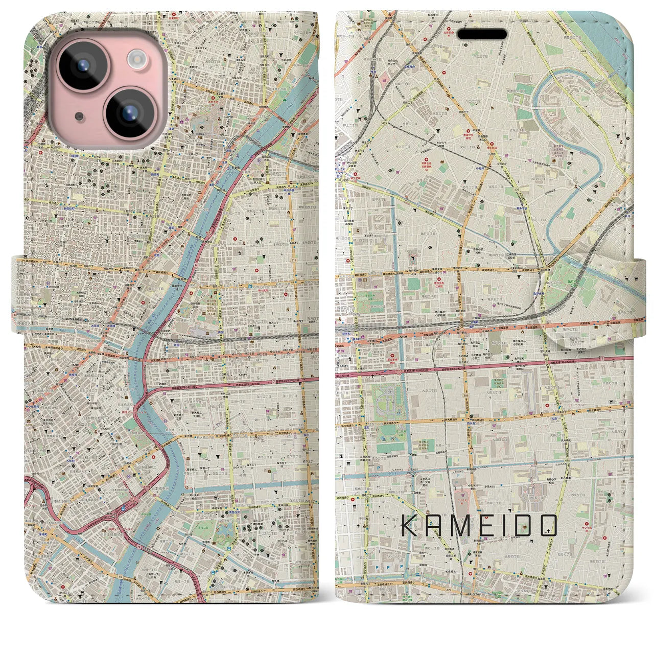 【亀戸(東京都)】地図柄iPhoneケース(手帳タイプ)ナチュラル・iPhone 15 Plus 用
