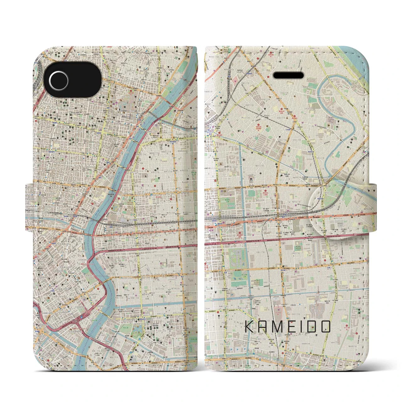 【亀戸(東京都)】地図柄iPhoneケース(手帳タイプ)ナチュラル・iPhone SE(第3 / 第2世代) / 8 / 7 / 6s / 6 用