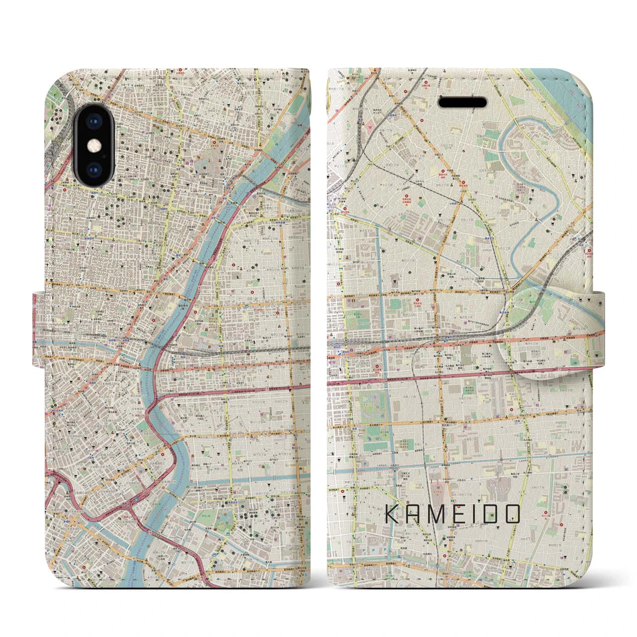 【亀戸(東京都)】地図柄iPhoneケース(手帳タイプ)ナチュラル・iPhone XS / X 用