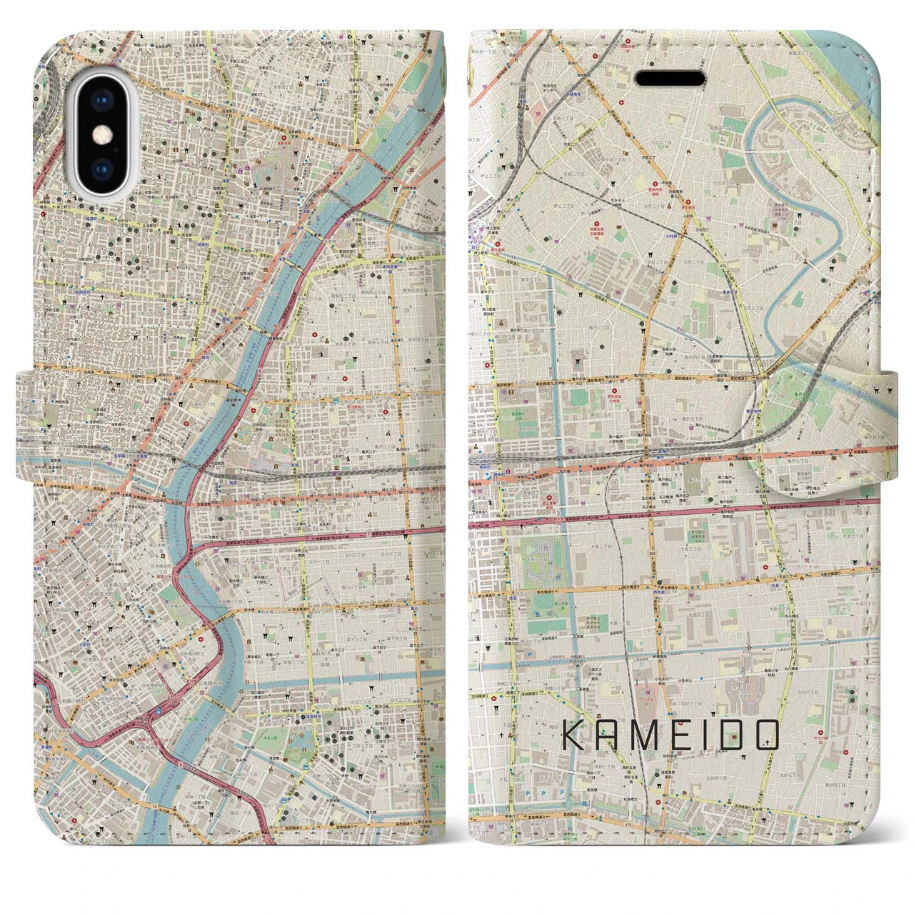 【亀戸(東京都)】地図柄iPhoneケース(手帳タイプ)ナチュラル・iPhone XS Max 用