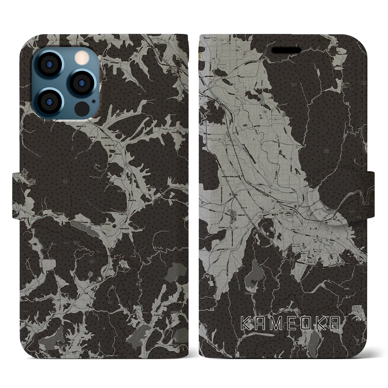 【亀岡(京都府)】地図柄iPhoneケース(手帳タイプ)モノトーン・iPhone 12 / 12 Pro 用