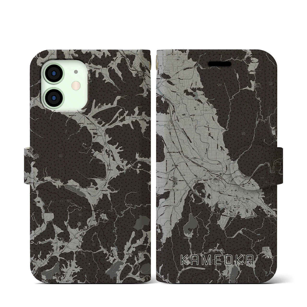 【亀岡(京都府)】地図柄iPhoneケース(手帳タイプ)モノトーン・iPhone 12 mini 用