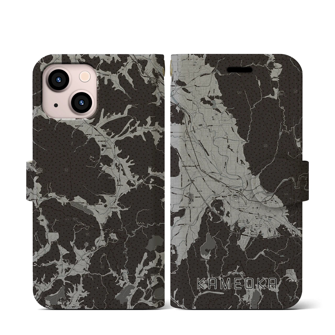 【亀岡(京都府)】地図柄iPhoneケース(手帳タイプ)モノトーン・iPhone 13 mini 用