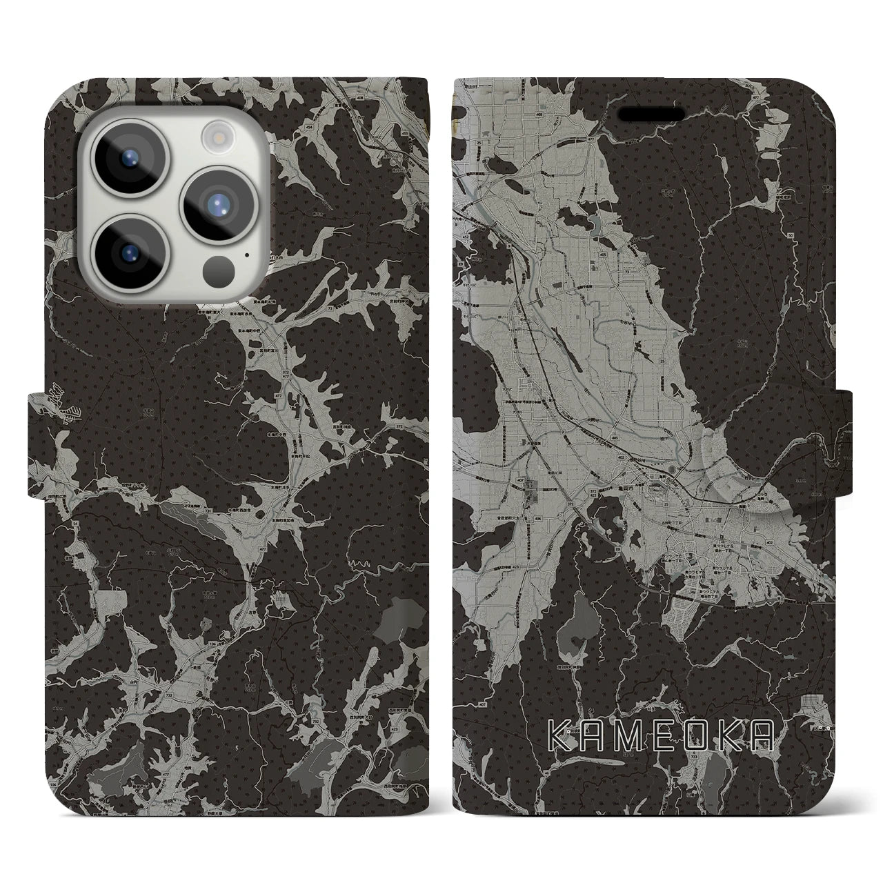 【亀岡(京都府)】地図柄iPhoneケース(手帳タイプ)モノトーン・iPhone 15 Pro 用