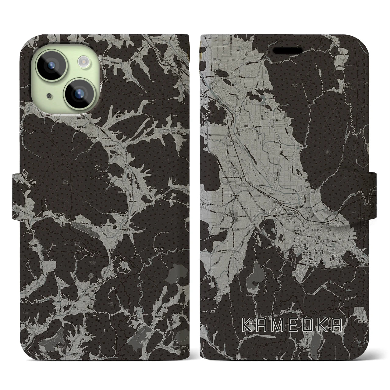 【亀岡(京都府)】地図柄iPhoneケース(手帳タイプ)モノトーン・iPhone 15 用